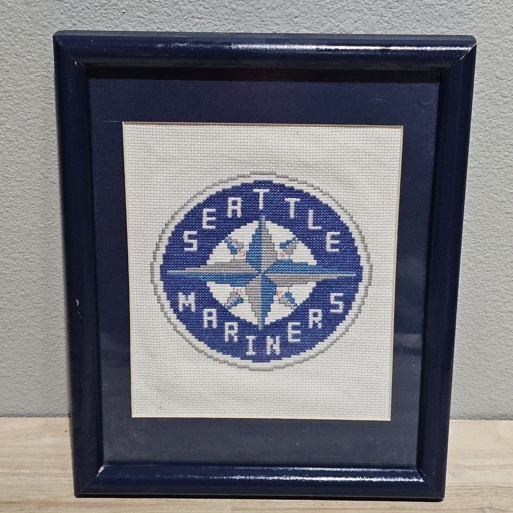 Vintage 1993 Seattle Mariners Cross Stitch Needlepoint Framed MLB Baseball Art